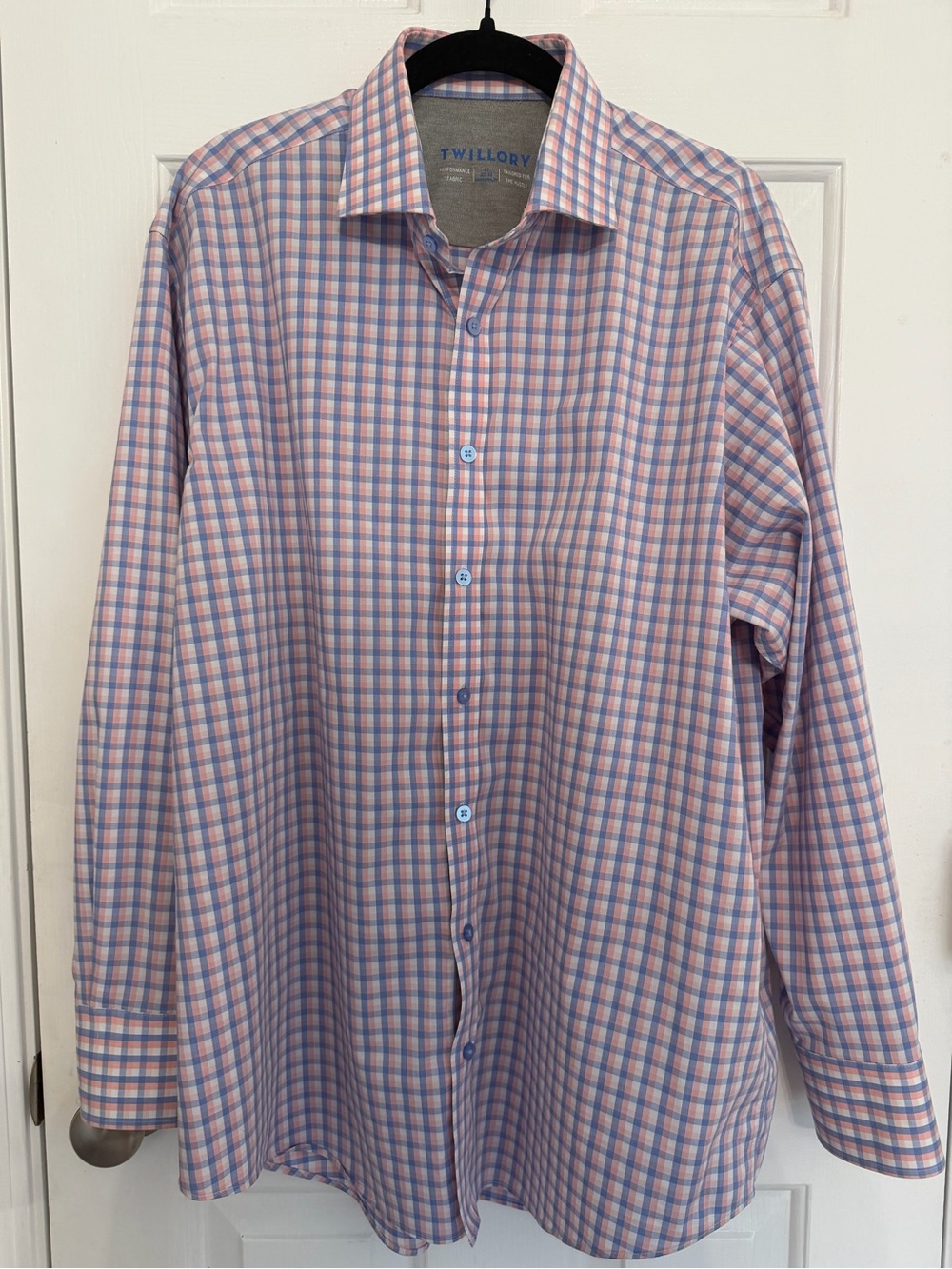 Twillory Performance Dress Shirt Men’s 17.5 33 Pink Blue Check Button Up